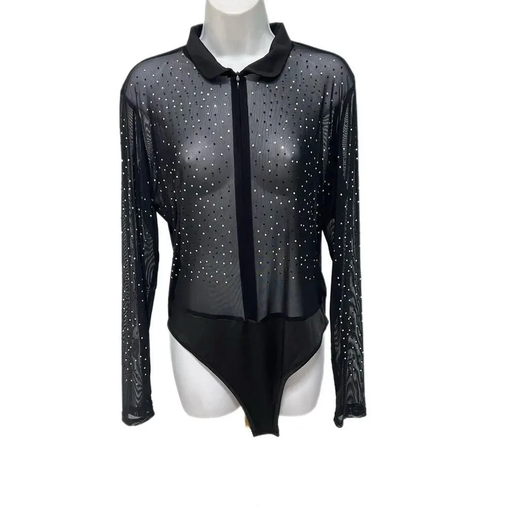 Rhinestone Mesh Bodysuit Black Long Sleeve Sheer Crystal Top XL Stretch